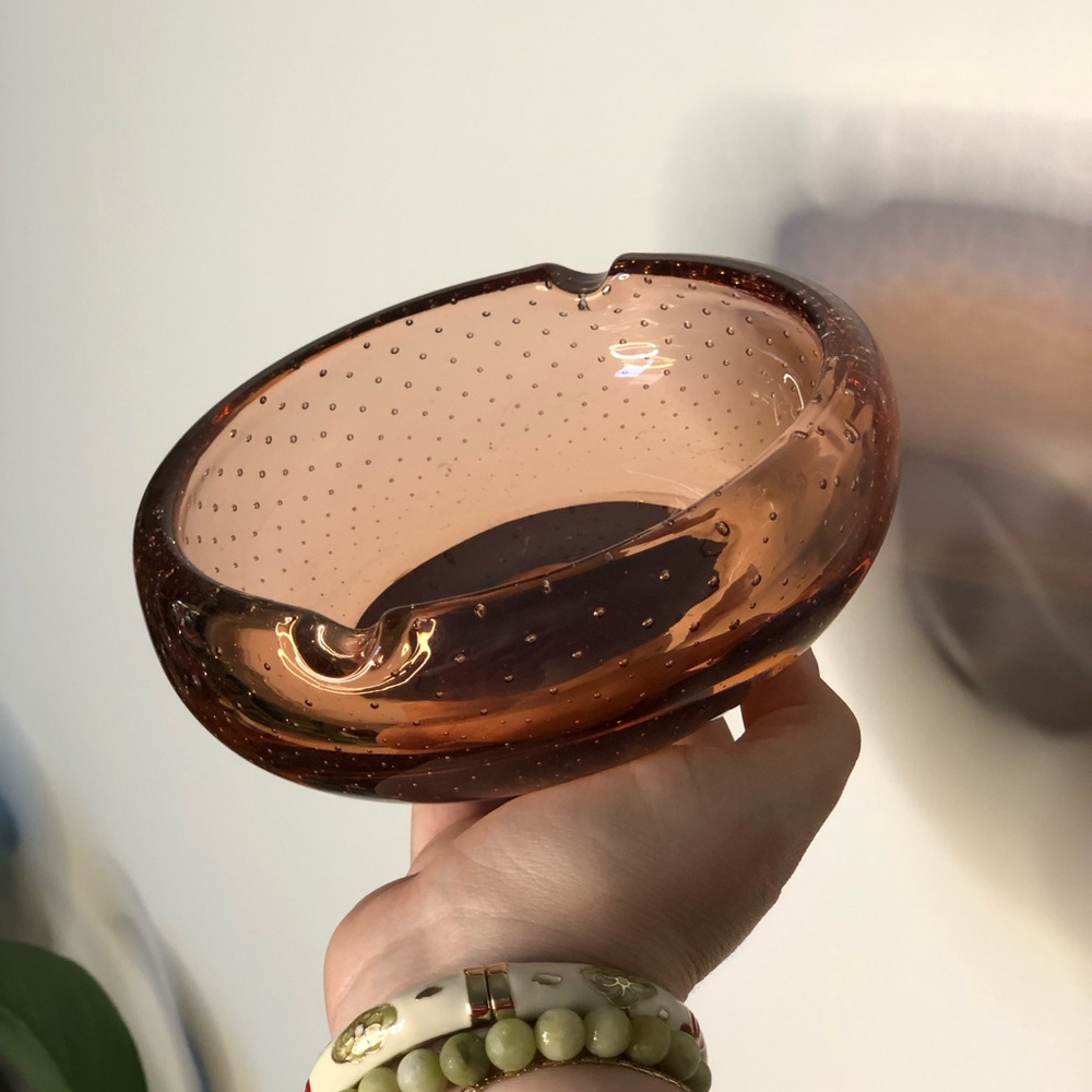 Vintage Blushing Amber Bullicante Art Glass Ashtray / Catchall Dish